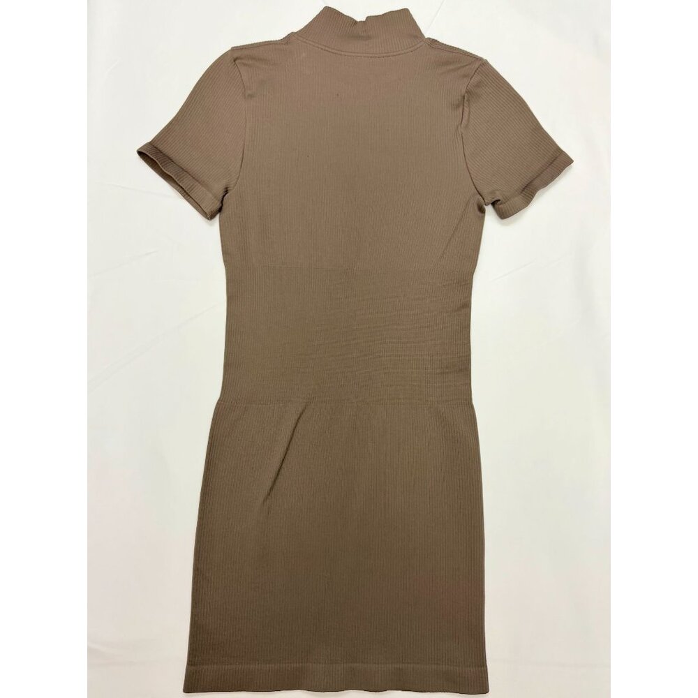 Clean Girl Minimalist Ribbed Zip Bodycon Dress OQQ Taupe Coffee Small - Picture 6 of 8